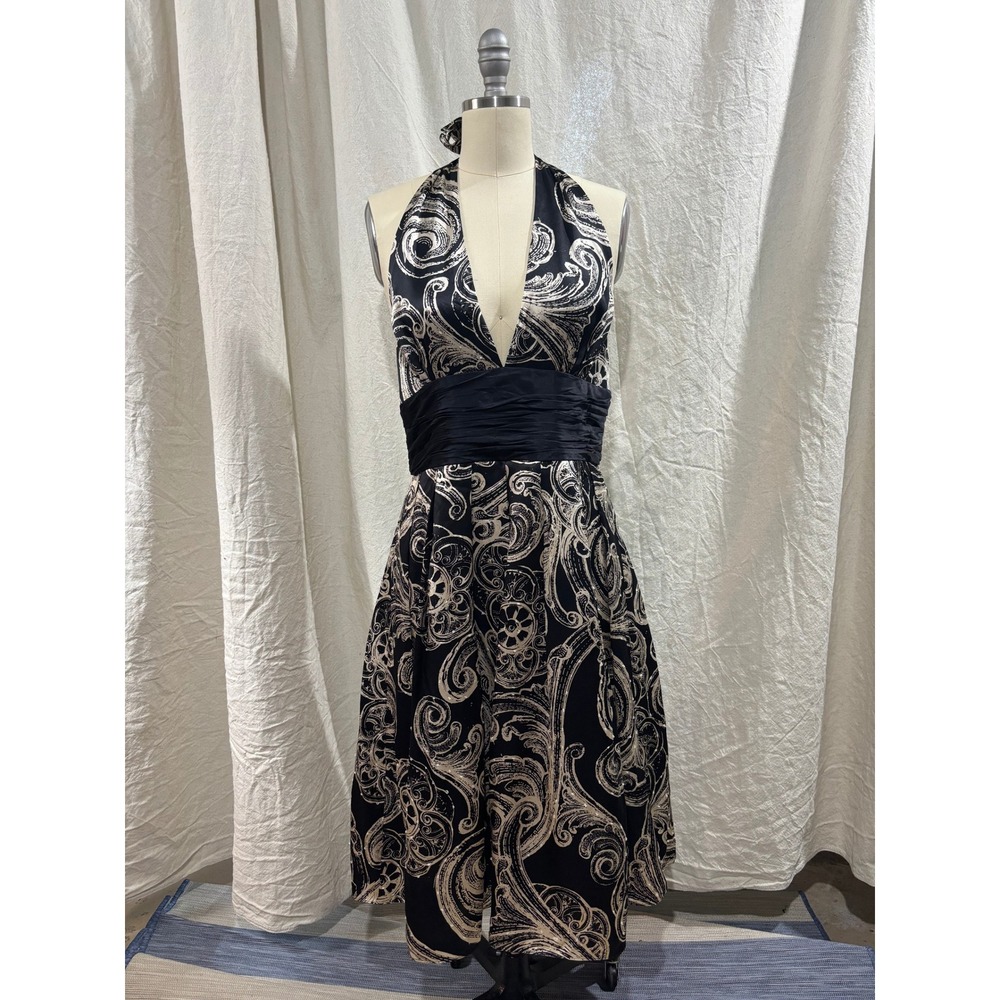 Vintage Adrianna Papell Silk Halter Dress 12 Black Cream Beaded 90s Y2K Cocktail